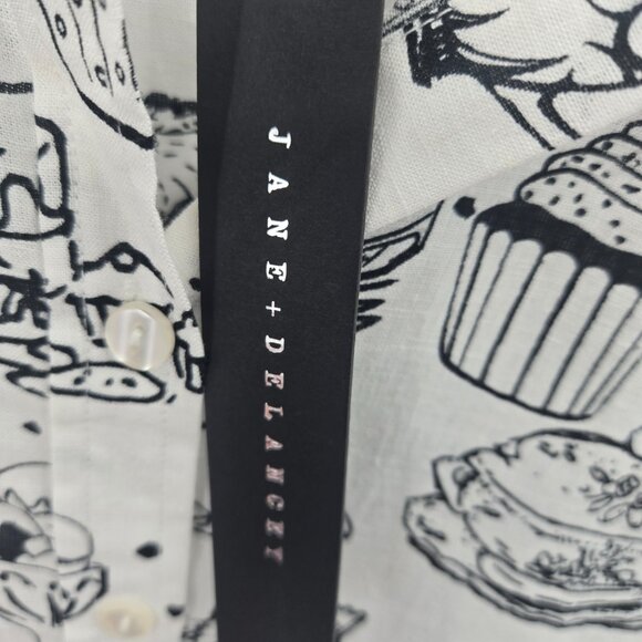 Jane And Delancey White Black Food Dessert Button Down Long Sleeved Blouse Small - Picture 6 of 13